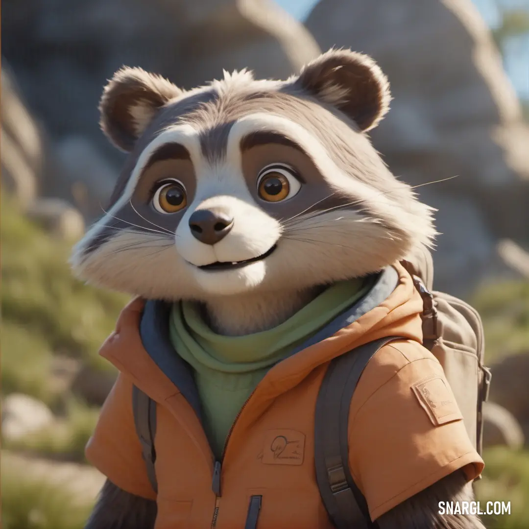 Raccoon wearing a backpack and a scarf is standing in front of a rock formation and looking at the camera. Example of #BCC8AD color.