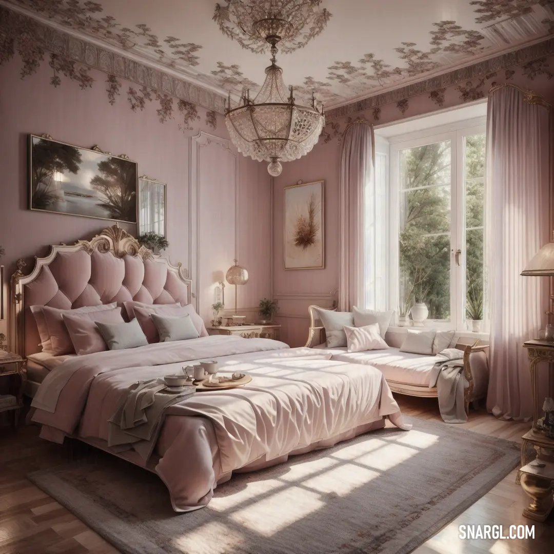Bedroom with a bed, a chandelier, a chair. Example of NCS S 2010-R color.