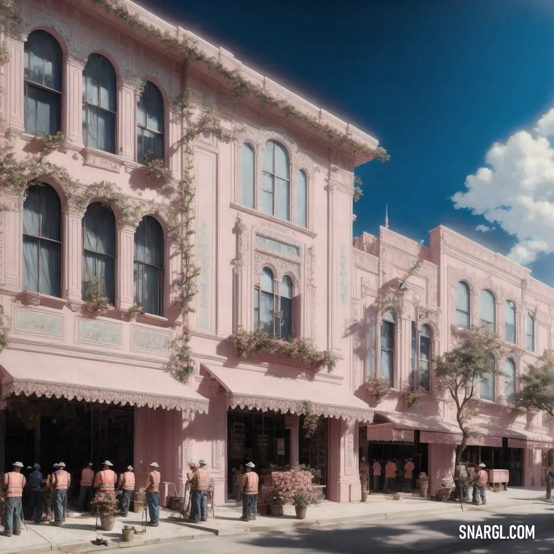 Group of people standing outside of a pink building with a sky background. Example of CMYK 0,15,15,25 color.