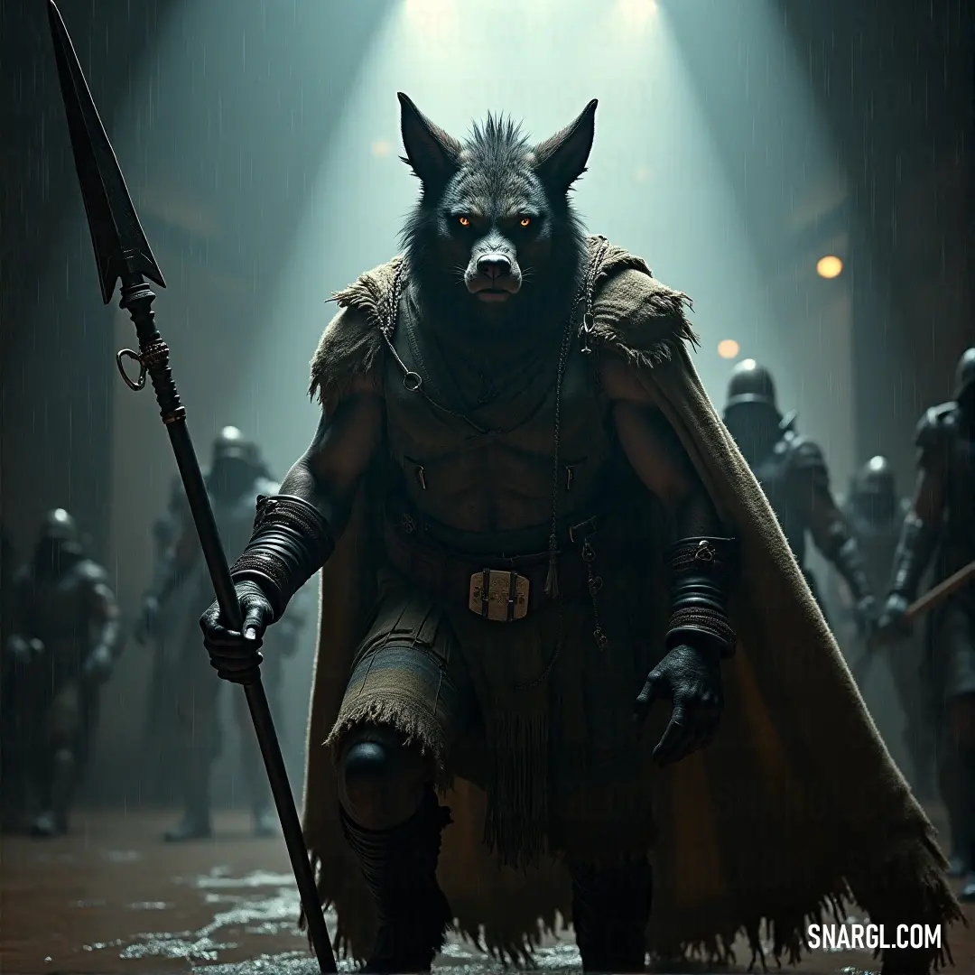 A man in a striking costume adorned with a wolf mask stands defiantly, wielding a sword with confidence. The vibrant colors and expressive details of his attire evoke a sense of fierceness and courage.