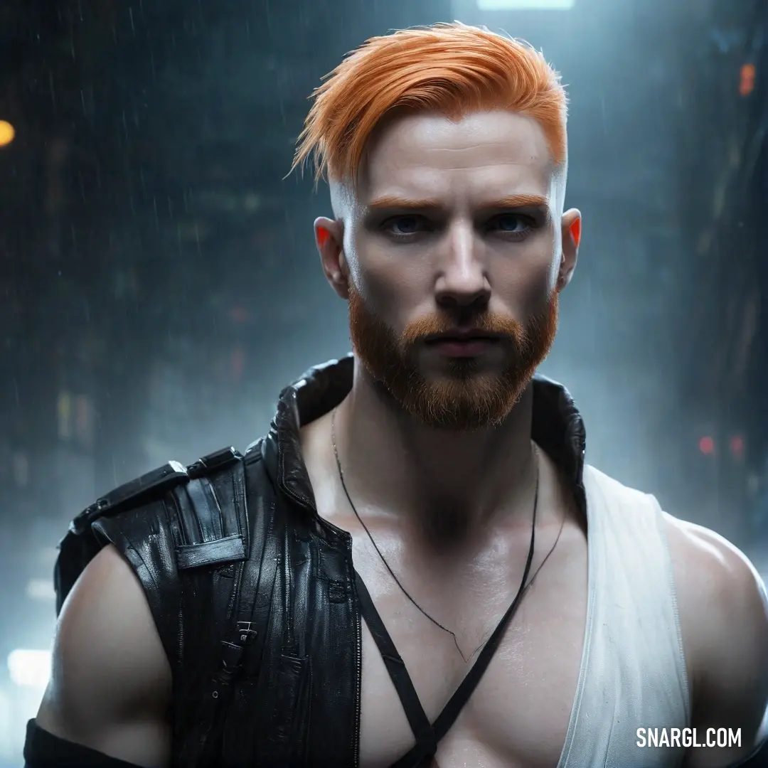 A rugged man with a red beard and captivating red hair wears a leather vest and a cross necklace, standing proudly against a backdrop that exudes strength and character, evoking feelings of rebellion and freedom.