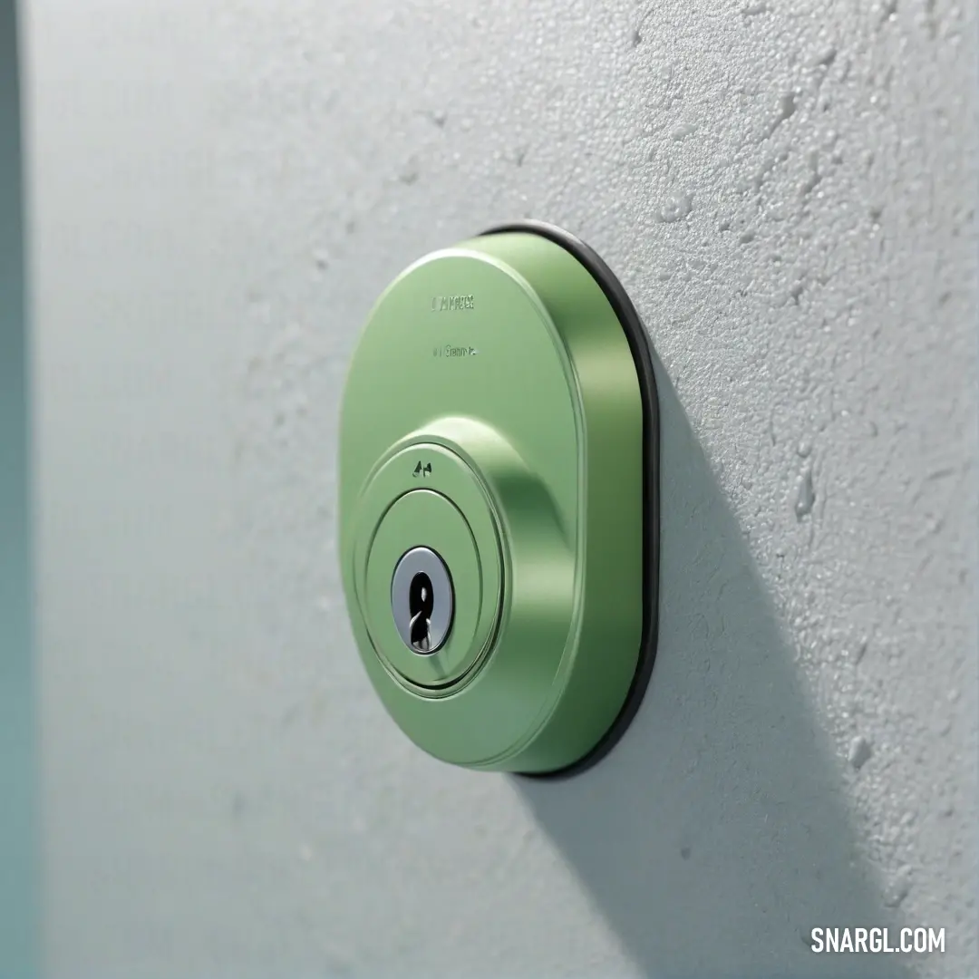 A vibrant green lock shines against a white wall with a soft blue background, showcasing a delightful contrast of colors. The lock serves not only as a practical item but also as a cheerful decorative element, infusing the space with lively energy.