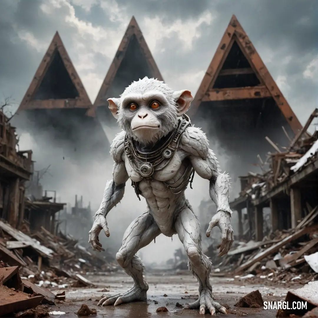 A playful monkey dressed in a vibrant costume stands amidst the ruins of a once bustling area filled with crumbled buildings. The contrast of life against decay highlights a poignant narrative of resilience and mischief.