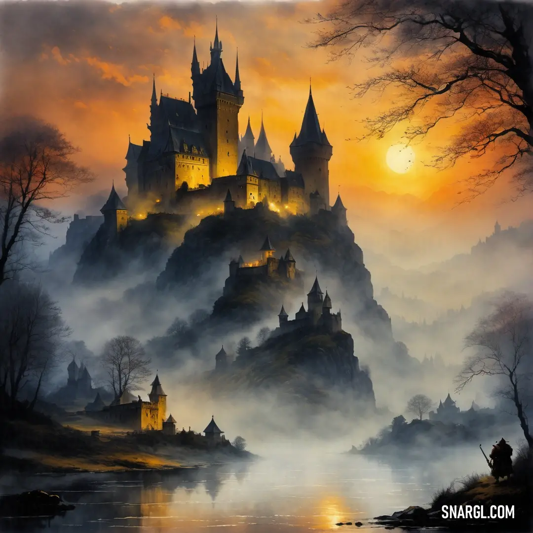 A painting of an ancient castle perched on a hill, shrouded in fog, with trees scattered around. The setting sun or rising moon casts a soft glow, with the full moon peeking over the horizon.