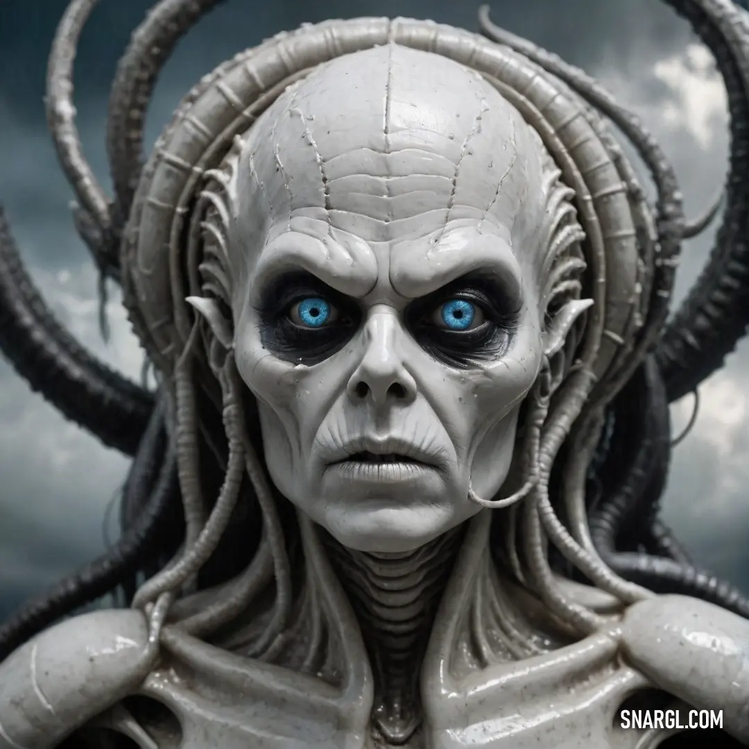 A striking white alien figure with luminous blue eyes stands with an otherworldly presence, long hair cascading down and majestic horns accentuating its uncanny features, emanating an intriguing aura in a mysterious setting.