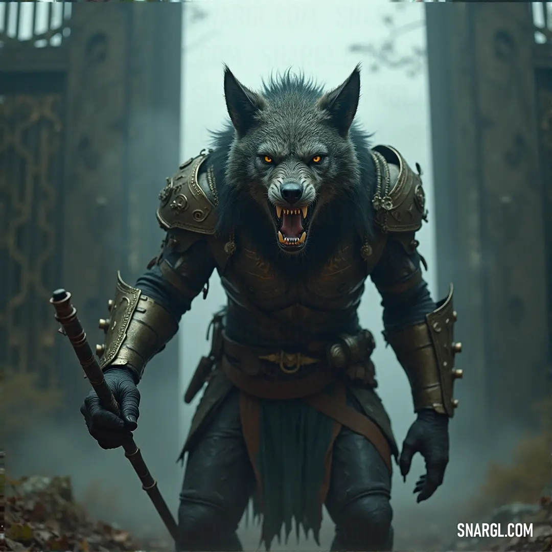 A majestic wolf donning ornate armor, brandishing a gleaming sword, stands regally in a lush forest. Towering structures loom in the distance, hinting at a blend of nature and civilization. The scene is bathed in warm hues reminiscent of soft taupe colors