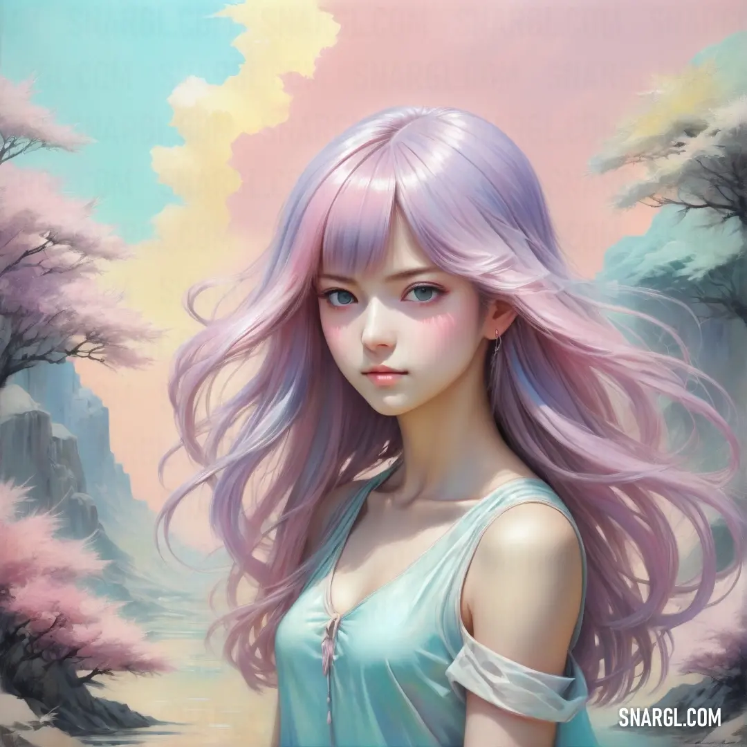 Painting of a girl with pink hair and blue dress in a pink and blue landscape with trees and rocks. Example of RGB 195,171,178 color.