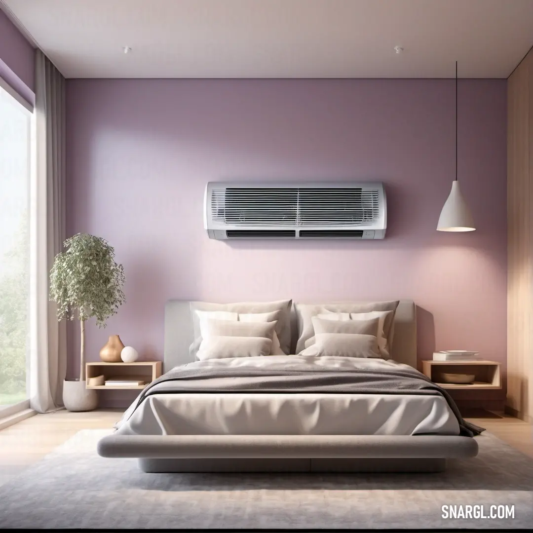 NCS S 2010-R40B color example: Bedroom with a bed and air conditioner in it's corner and a window with a view of the outside