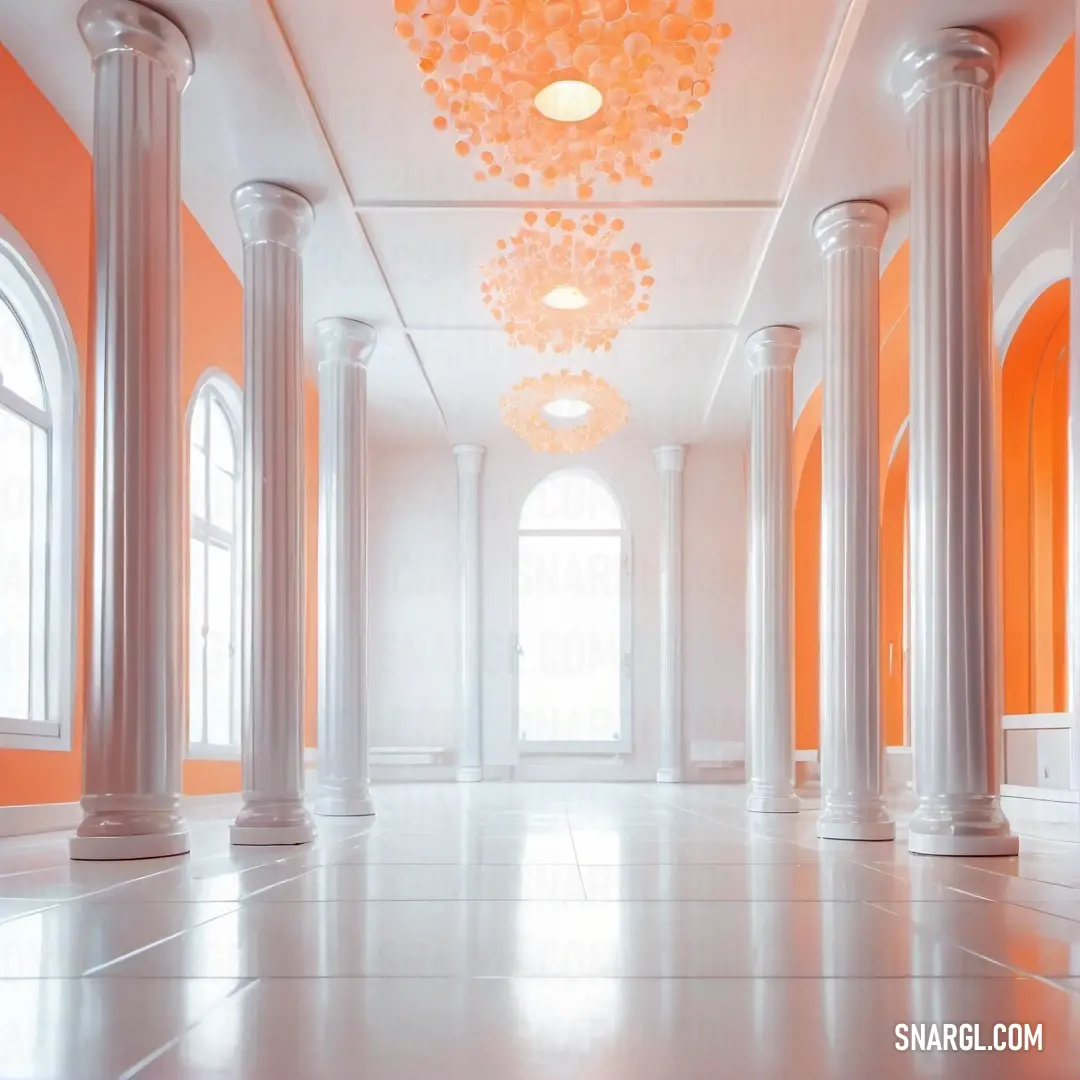 Room with columns and a chandelier in it's center area with a large window. Example of #C0BFC9 color.
