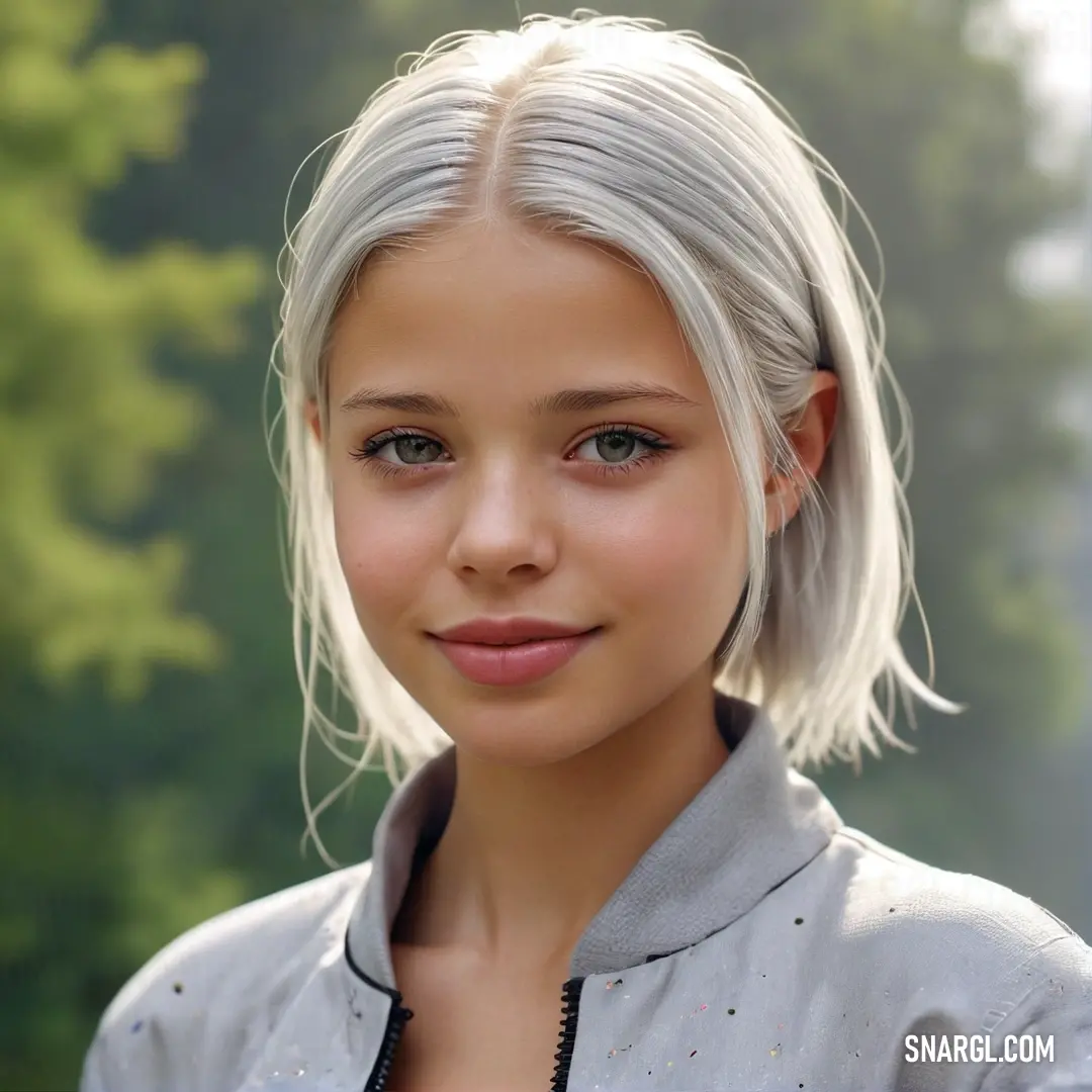 Young girl with a white hair and a gray shirt is smiling at the camera with trees in the background. Color #AFB8C7.