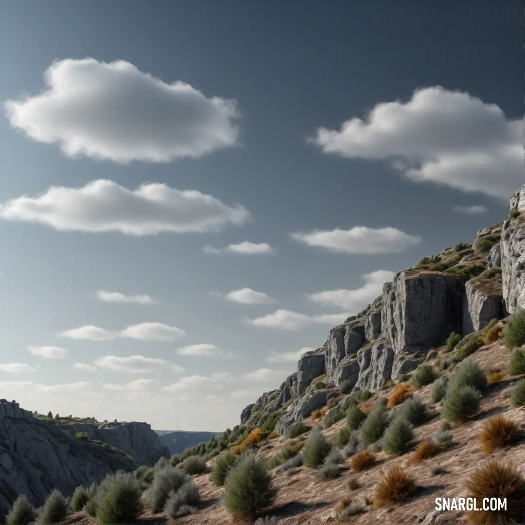 Mountain with a few bushes growing on it and a sky with clouds above it. Color NCS S 2010-R80B.