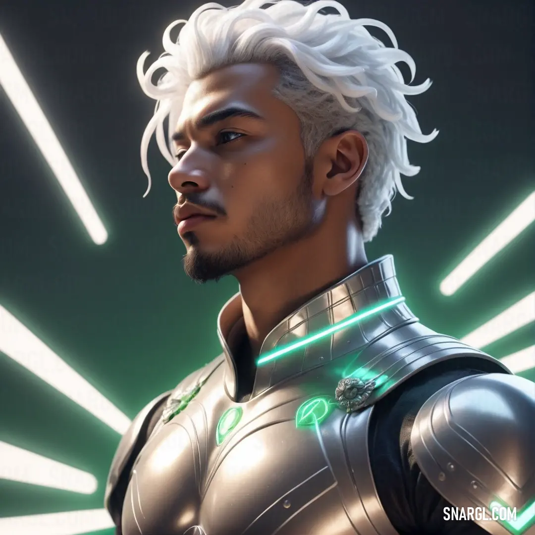 Man with white hair and a suit of armor in a futuristic setting with green lights coming from behind. Color RGB 198,190,158.
