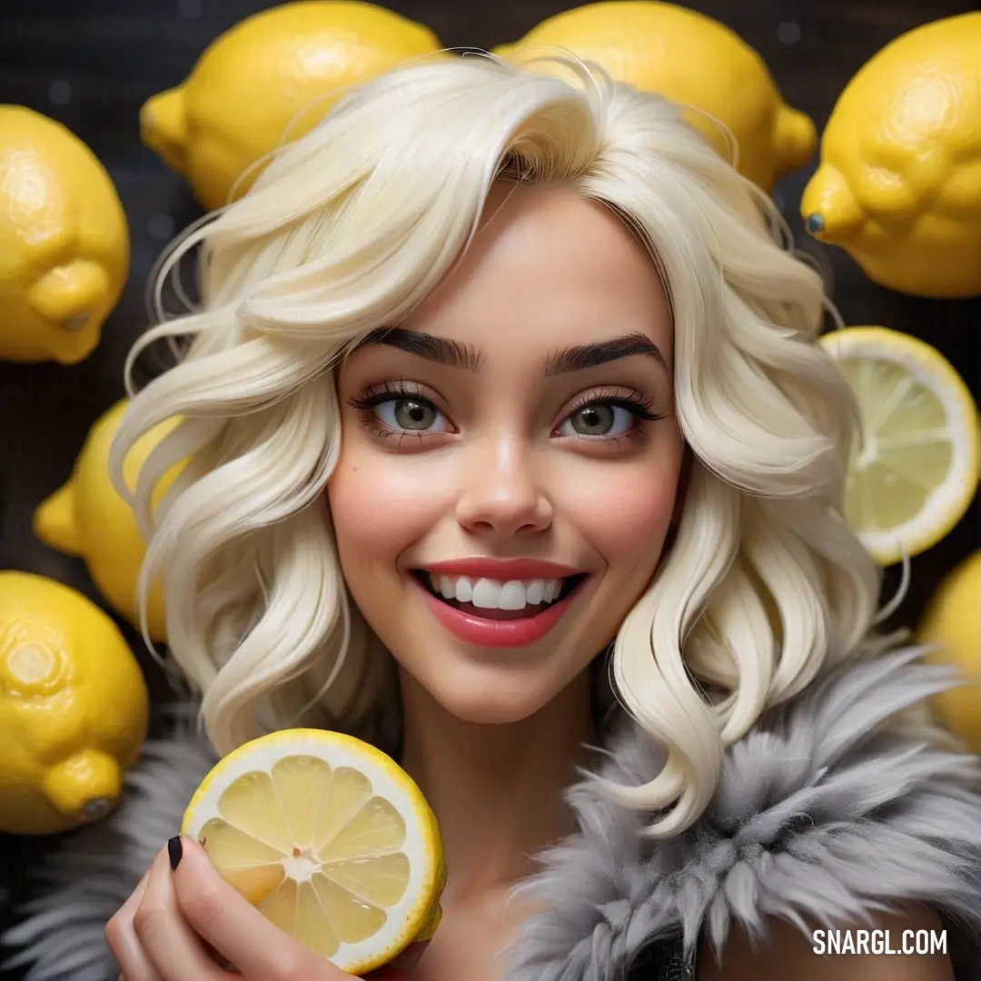 Woman holding a lemon in front of a bunch of lemons on a black background. Color NCS S 2010-Y20R.