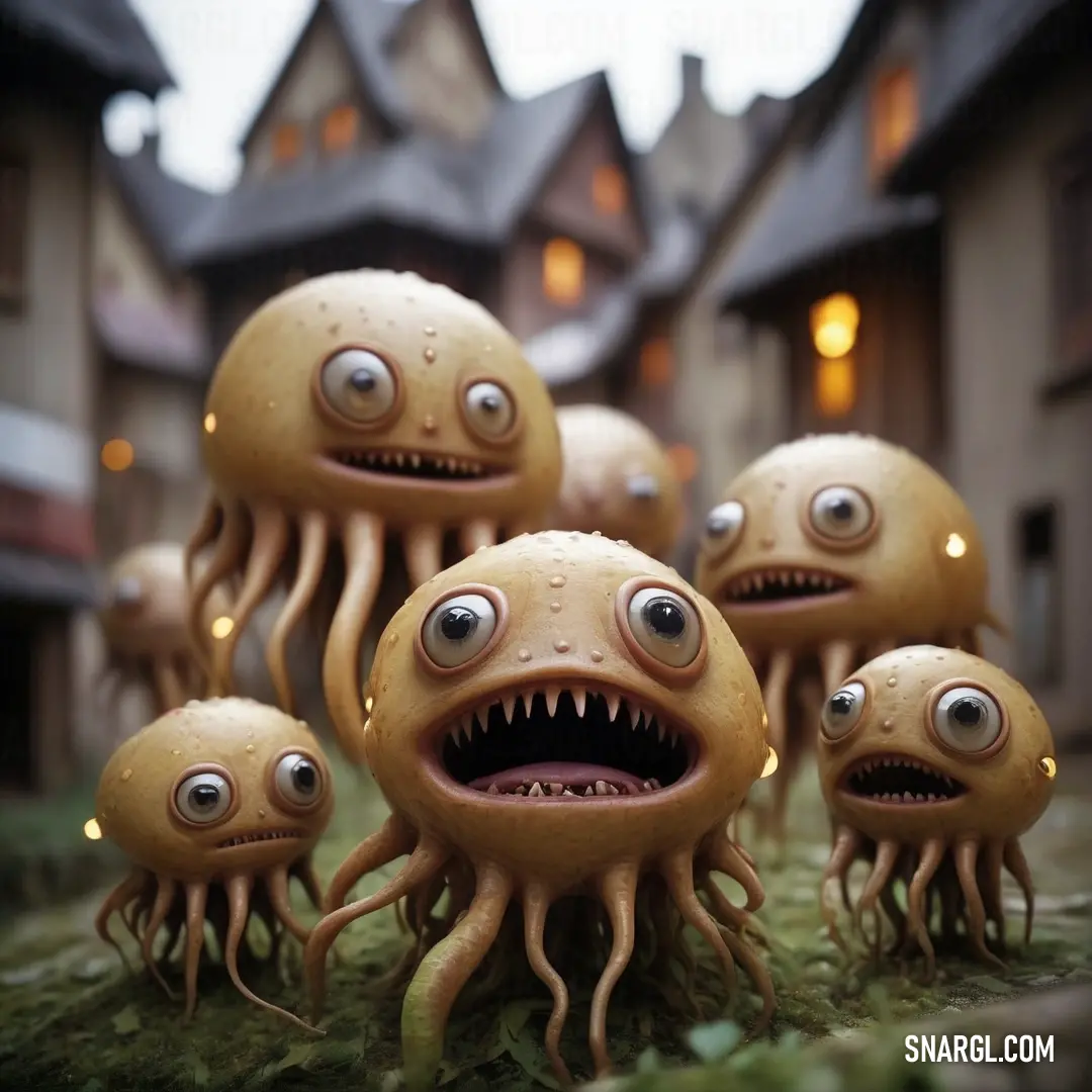 Group of little monsters with eyes and mouths on a lawn in front of a house with a creepy look. Example of #CAB38D color.