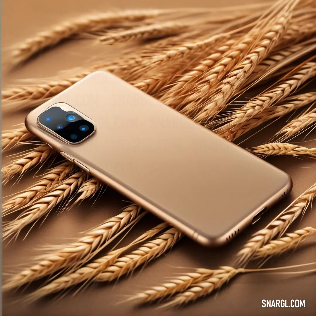 Gold samsung phone laying on top of a pile of wheat stalks with a blue camera lens on top. Example of CMYK 0,22,33,18 color.