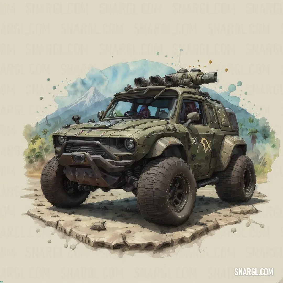 A green off-road vehicle loaded with people, making its way through the desert. The rugged mountains rise in the distance, creating a stunning contrast with the vibrant vehicle. The warm desert tones are beautifully complemented by the vehicle’s bo