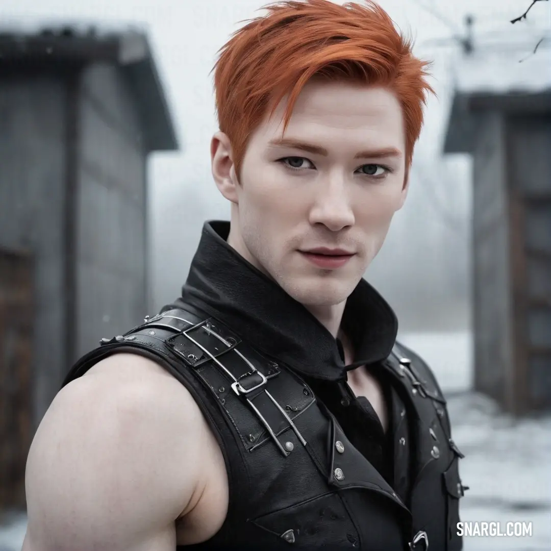 A charismatic man with fiery red hair is styled in a striking leather vest and a black collared shirt, showcasing a confident pose that radiates individuality and attitude. His stylish look is undeniably eye-catching and full of character.