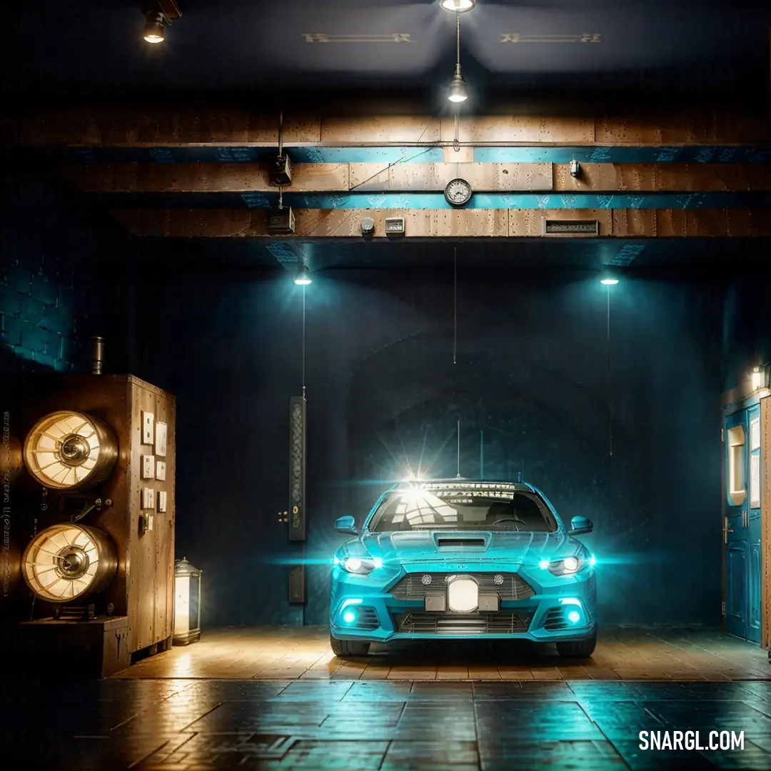 A sleek car parked in a dimly lit garage, its headlights casting a warm glow on the hood while a speaker rests on the floor, creating an urban vibe. The shadows and lights play off the smooth curves of the car's design, inviting curiosity about the space.