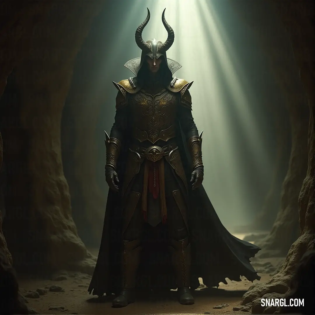 A cloaked figure, donning a jagged horned mask, stands in an eerie cave illuminated by a heavenly light piercing through the darkness. Above him, a halo glows, creating an aura of mystery and mystique.