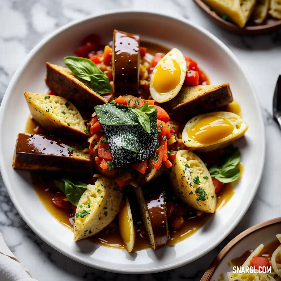 A plate filled with eggs and vegetables sits on a table, surrounded by other dishes and utensils, showcasing a tempting breakfast spread. The colors of the food pop against the simple background.