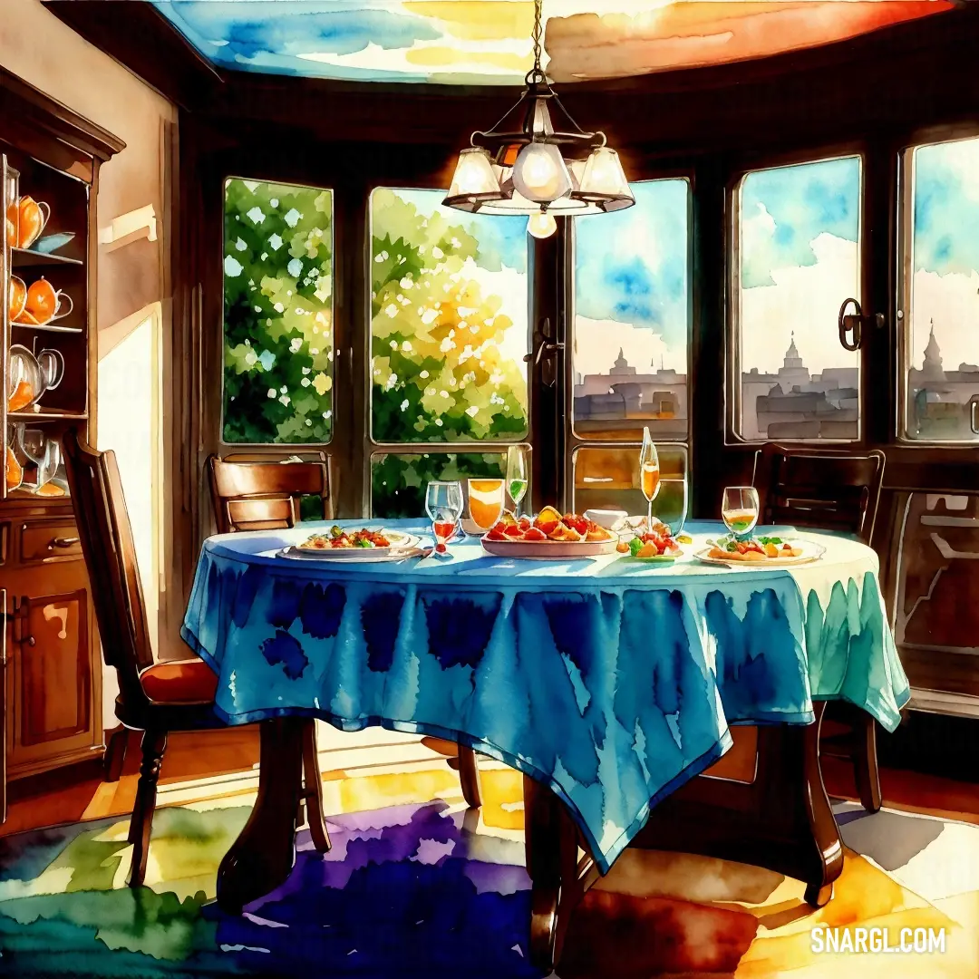 A cozy table set with a blue tablecloth, with a window offering a sweeping city view. The simplicity of the setup contrasts beautifully with the vibrant energy of the cityscape just beyond.