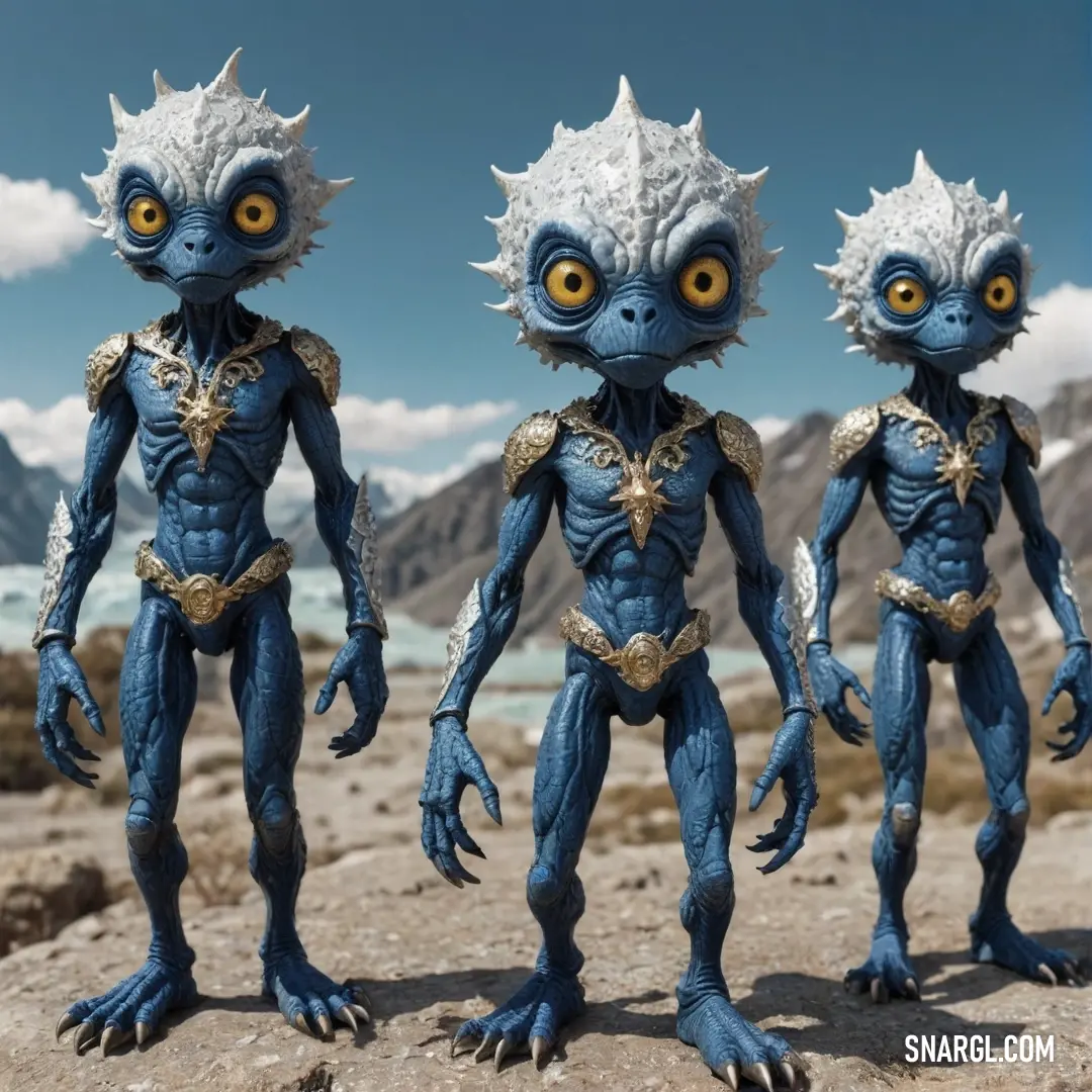 Three whimsical alien-like beings stand proudly on a rocky terrain, framed by majestic mountains in the background. Each character exudes an aura of curiosity and charm, encouraging viewers to delve into this fantastical realm filled with adventures.