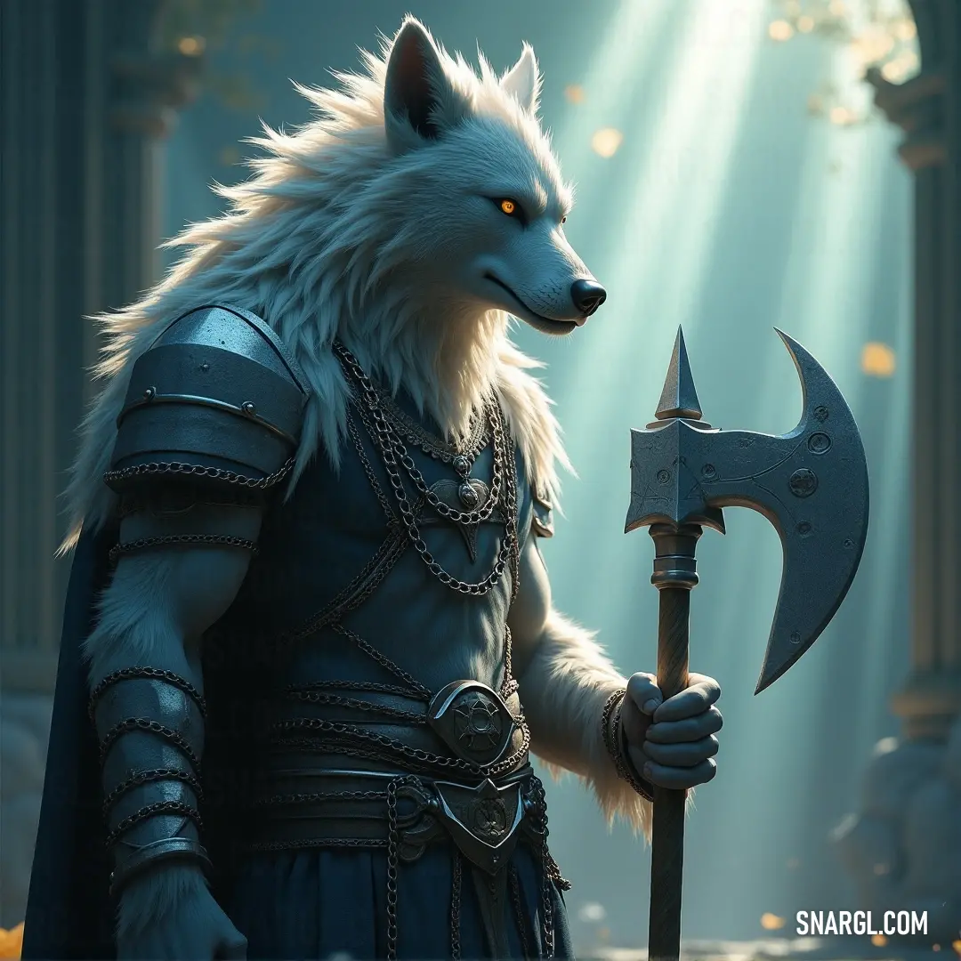 A fierce wolf, majestic and powerful, clutches a sword in its powerful jaws, adorned with a heavy chain around its neck. Its eyes reveal fierce loyalty and bravery, embodying the spirit of a warrior of nature.