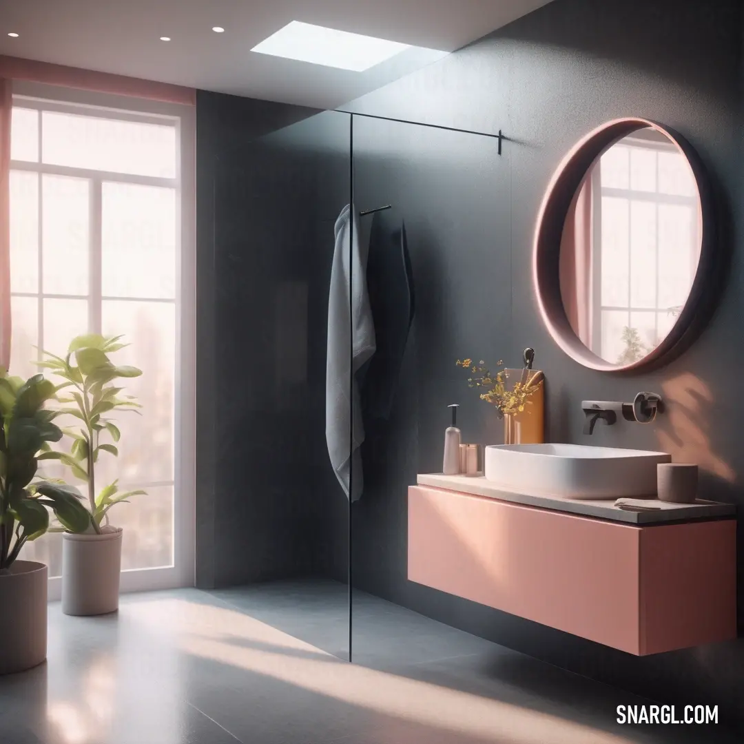 Bathroom with a sink, mirror and a plant in it's corner. Example of NCS S 2010-Y80R color.