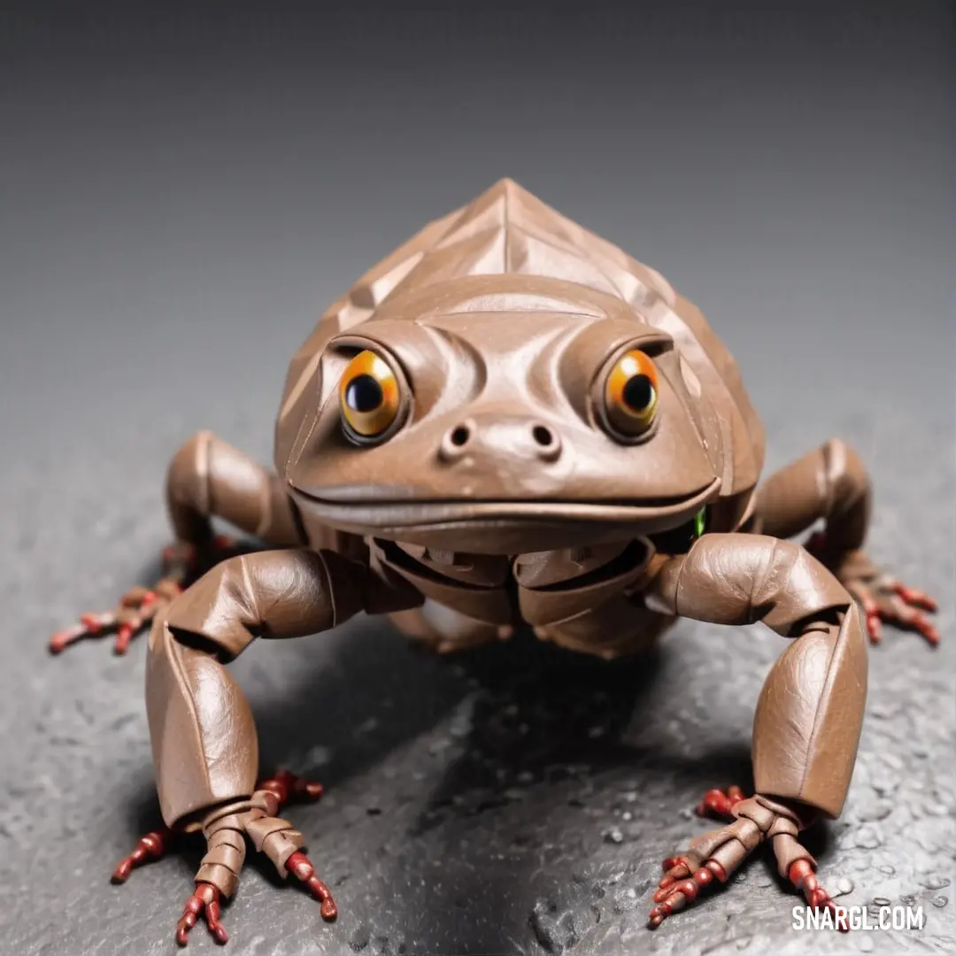 Close up of a toy frog on a surface with a gray background. Example of NCS S 2010-Y90R color.