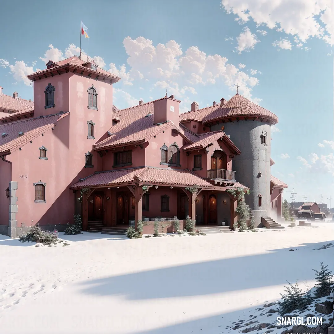 NCS S 2010-Y90R color example: Large pink building with a tower and a flag on top of it in the snow with a sky background
