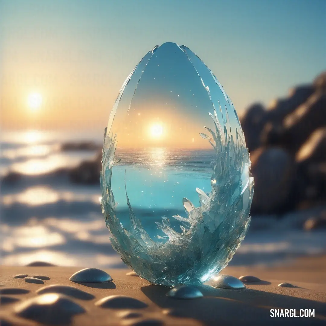 Glass egg on top of a sandy beach next to the ocean at sunset or sunrise. Color RGB 151,184,196.