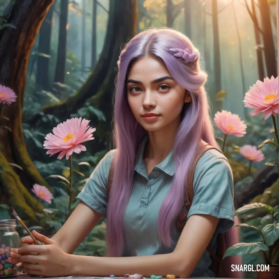 Painting of a girl with purple hair at a table with flowers in front of her and a jar of pills. Color RGB 151,184,196.