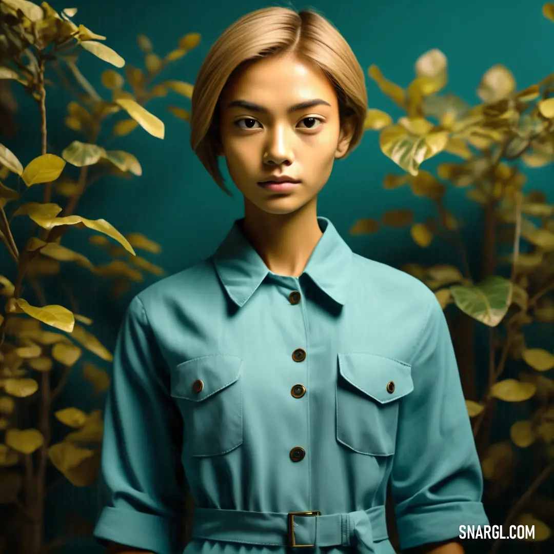 Woman in a blue shirt standing in front of a bush with leaves on it and a green background. Color CMYK 31,0,1,24.