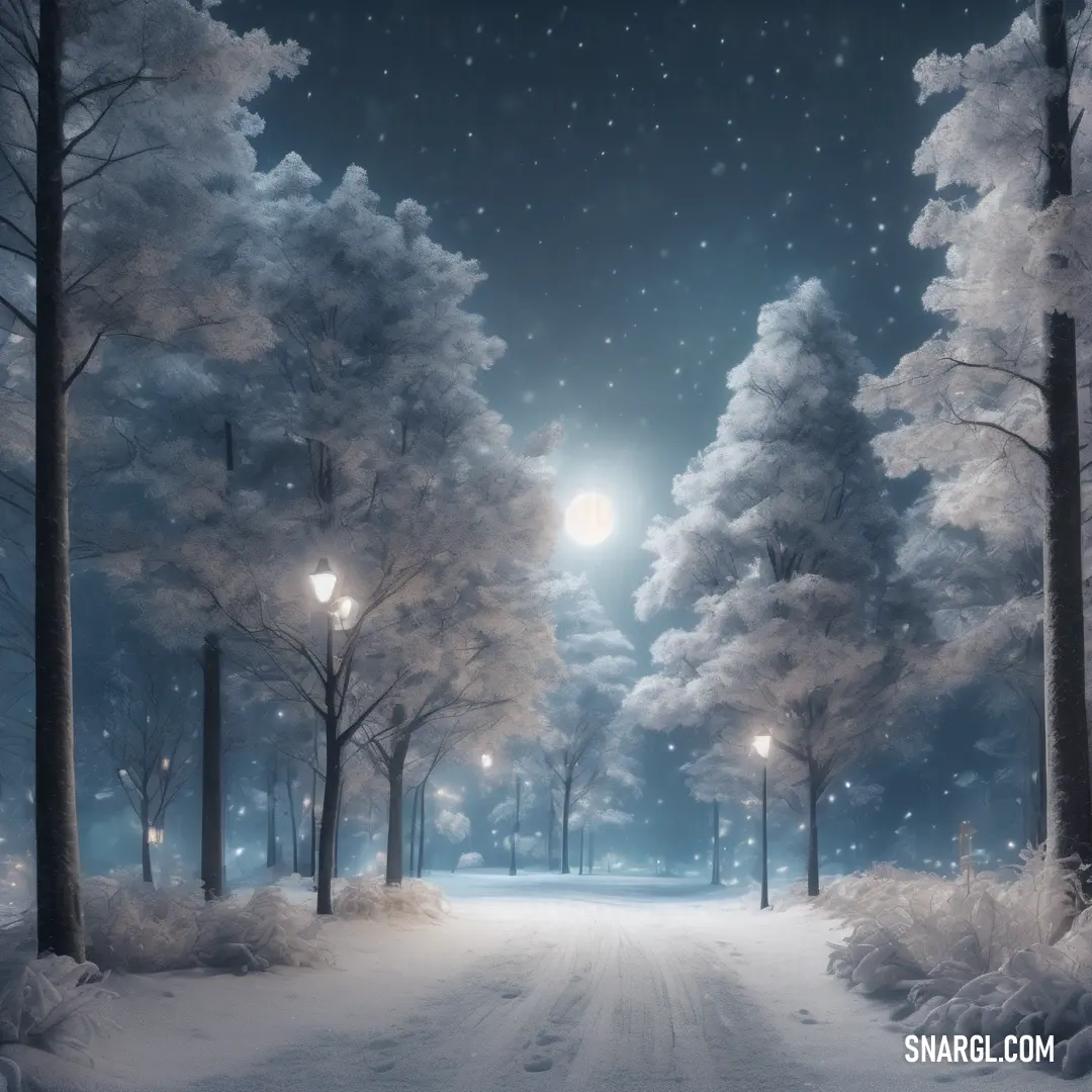 Snowy road with a street light and trees on both sides of it at night time with snow falling on the ground. Example of CMYK 31,0,1,24 color.