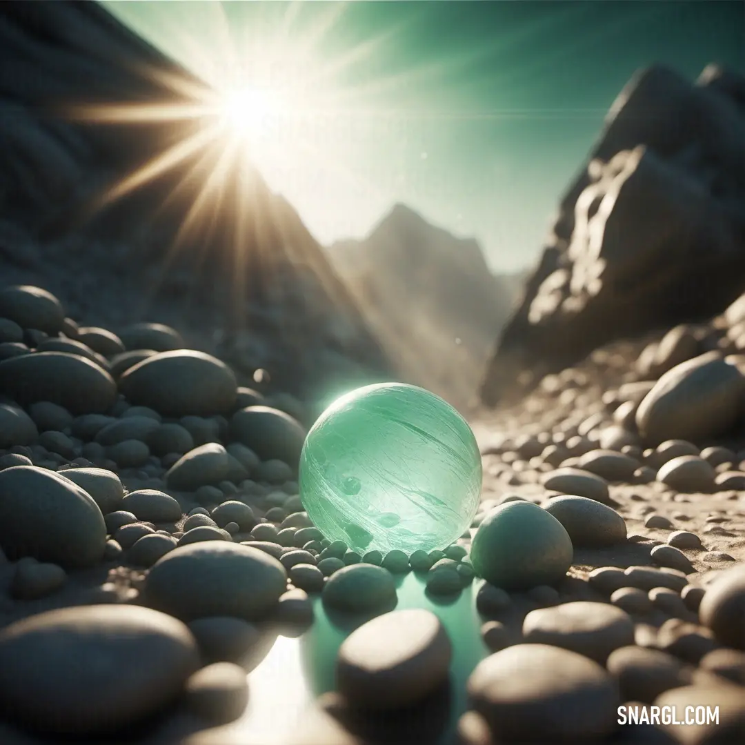 Green ball on top of a pile of rocks next to a mountain range with the sun shining. Example of #94D8BC color.