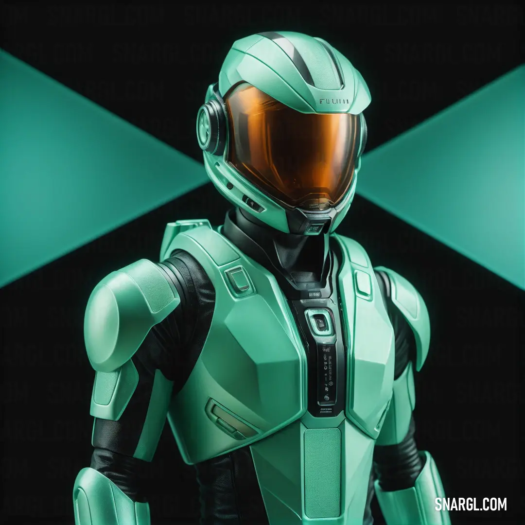 Green robot with a helmet and a green light behind it is a black background. Color NCS S 2020-B70G.