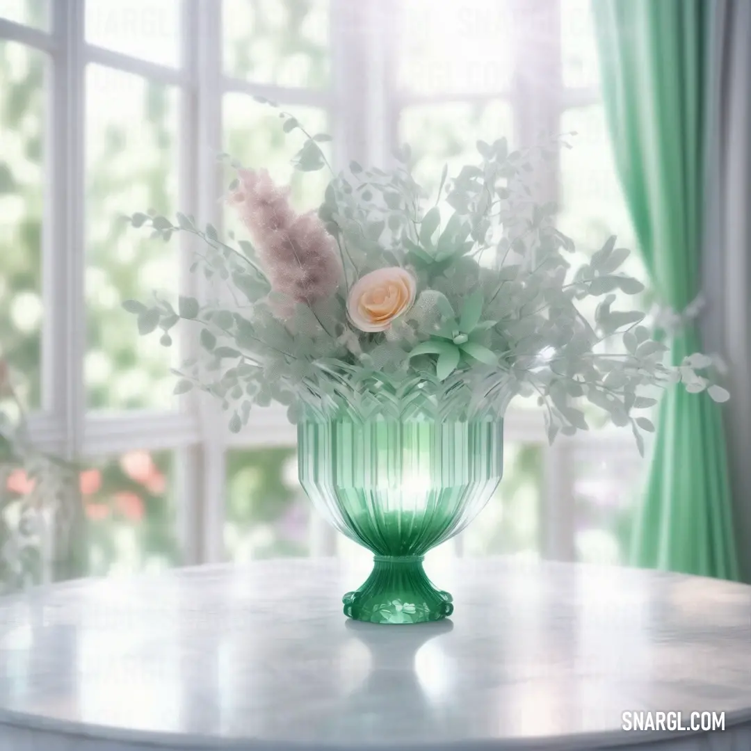 Vase with flowers on a table in front of a window with curtains and drapes on the outside. Color NCS S 2020-B70G.