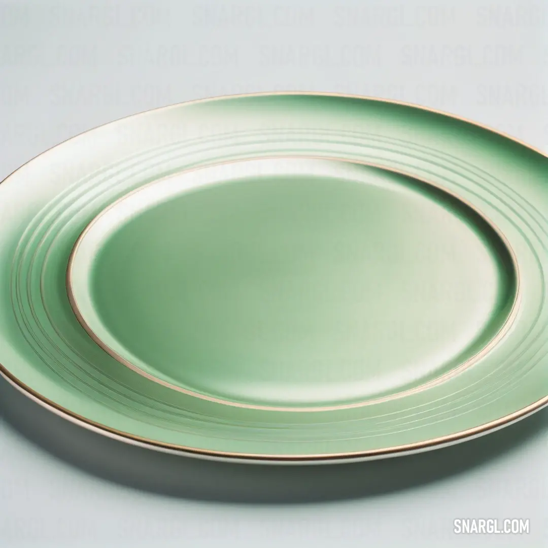 NCS S 2020-G color. Green plate with a gold rim on a white tablecloth