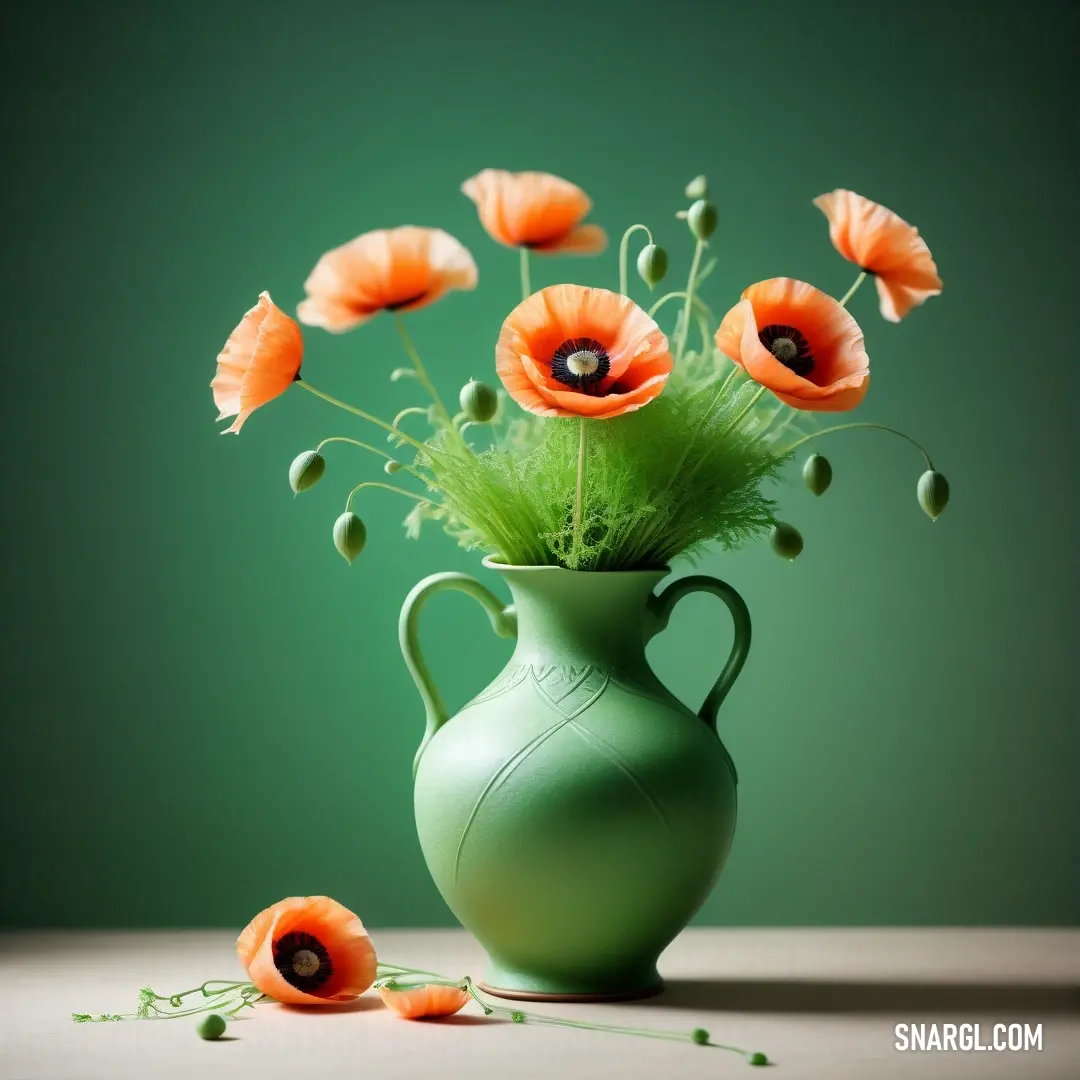 Green vase with some flowers in it on a table with a green background. Color CMYK 42,0,40,7.