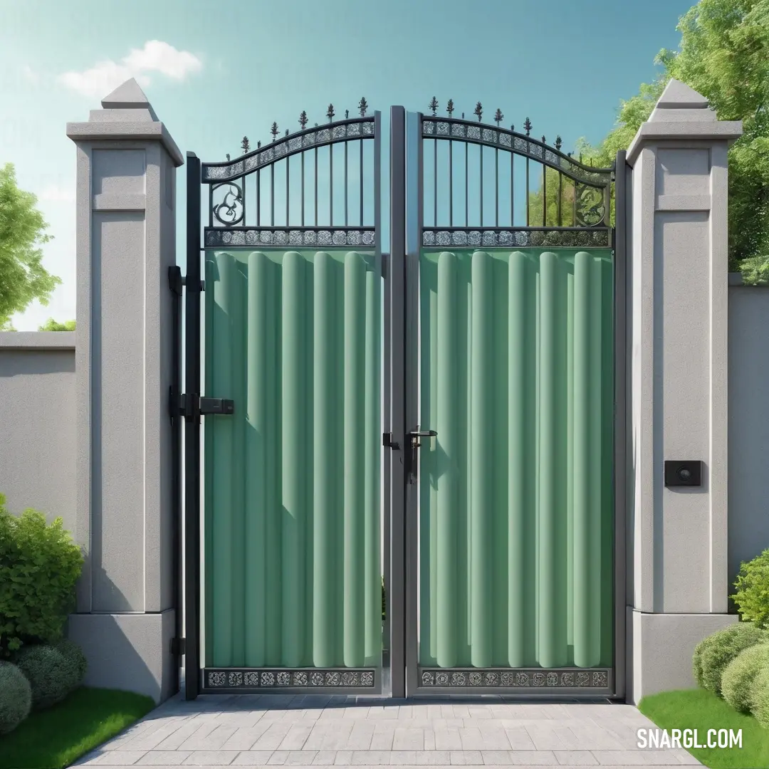 Large green gate with a clock on it's side and a brick walkway leading to it. Example of #9FD5AA color.