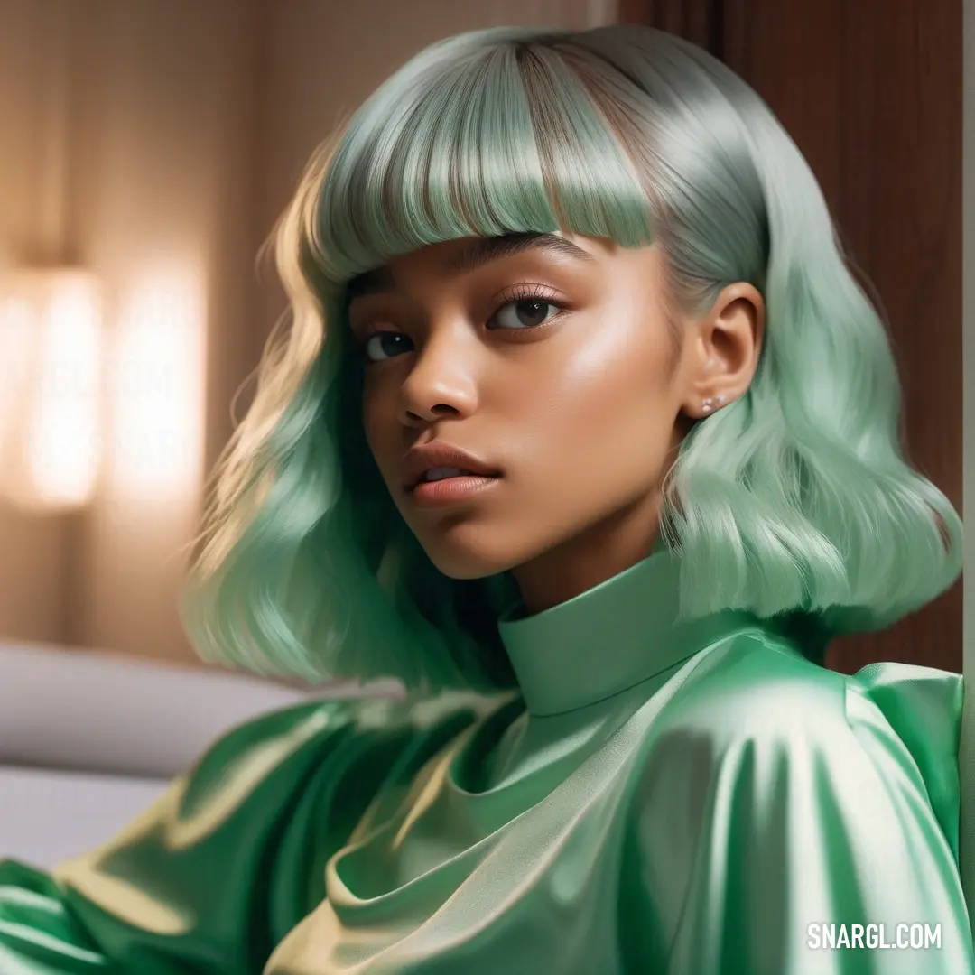 Woman with green hair and a green dress is posing for a picture in a room with a window. Color NCS S 2020-G.