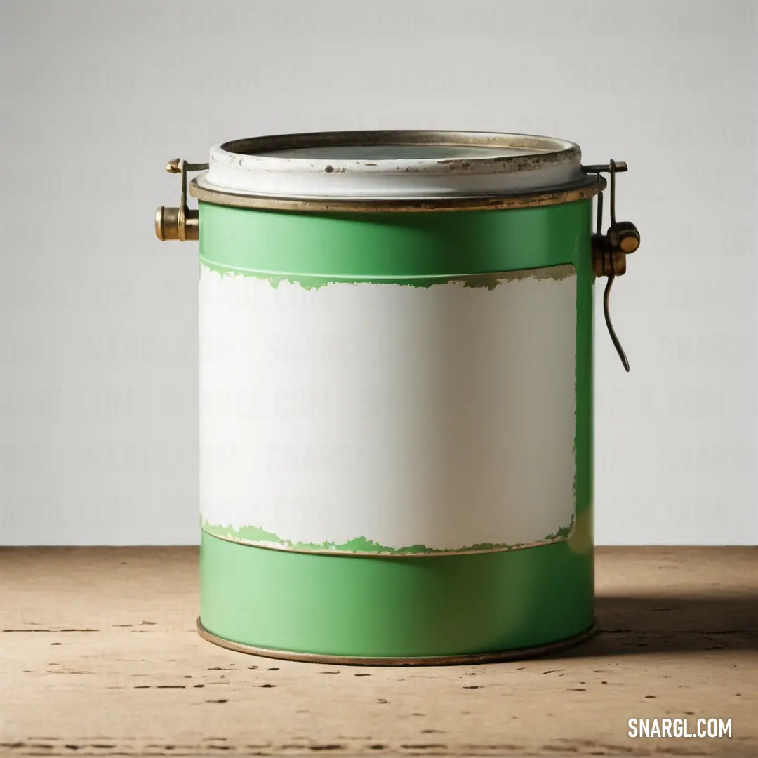 Green and white paint can on a wooden table. Example of #A6D29B color.