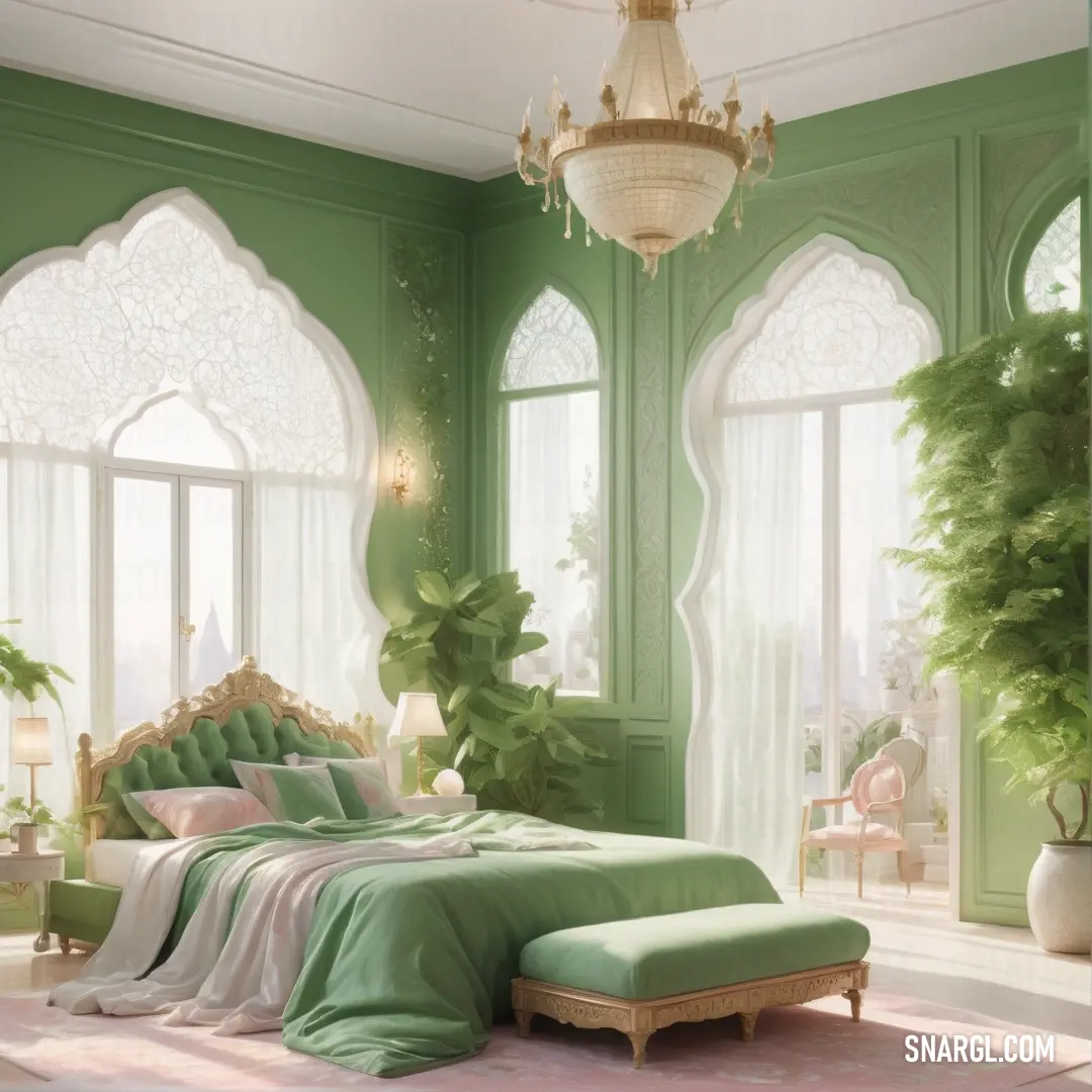 Bedroom with a green bed and a chandelier hanging from the ceiling and a green wall with a window. Example of RGB 166,210,155 color.
