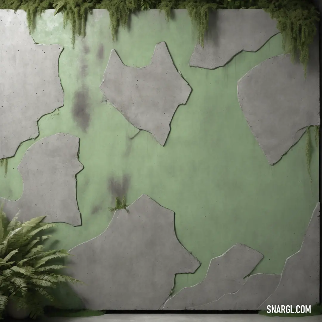 NCS S 2020-G20Y color example: Plant is in front of a wall with peeling paint on it and a green plant in the foreground