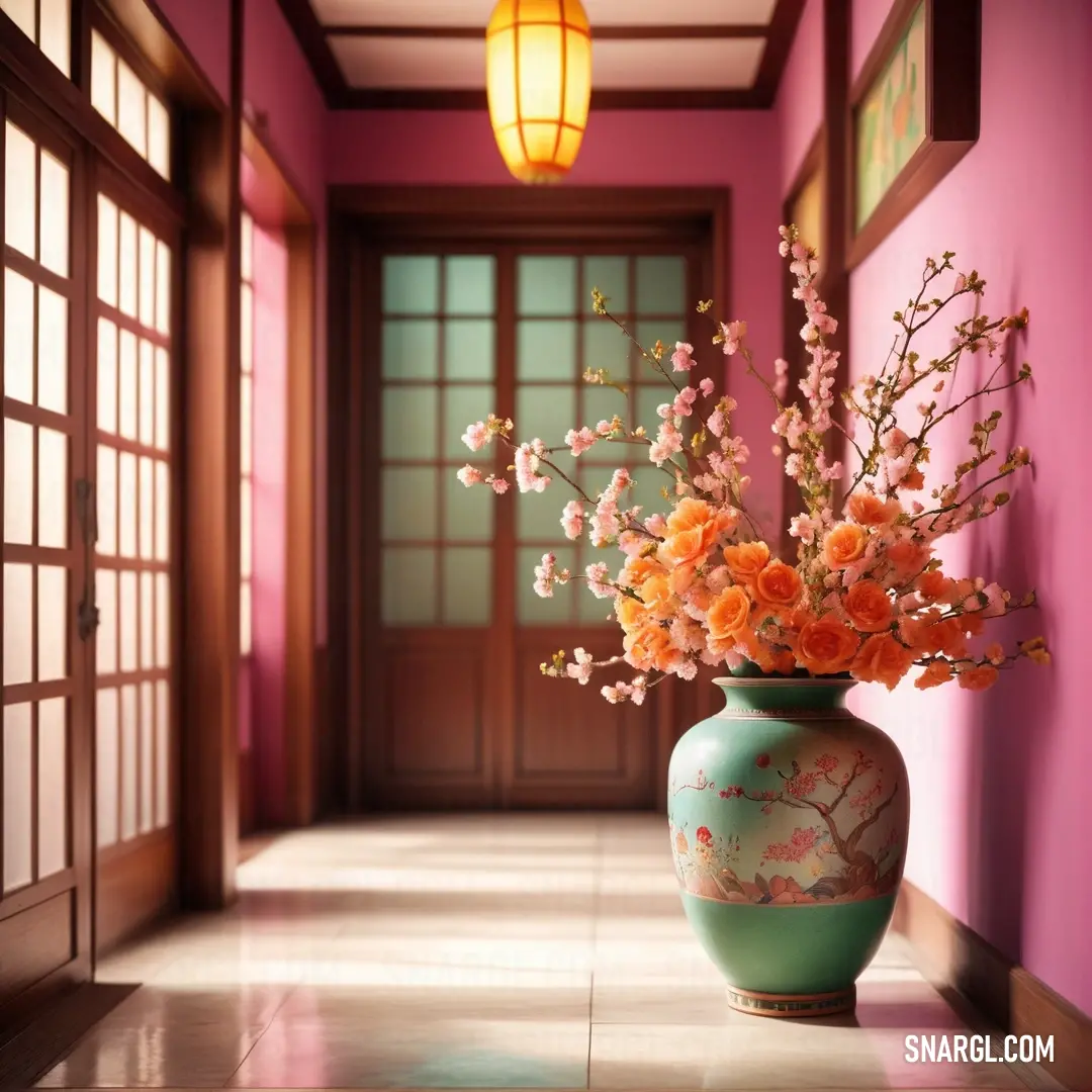 Vase with flowers in it on a tiled floor in a hallway with a pink wall and a lantern light. Color NCS S 2020-G20Y.