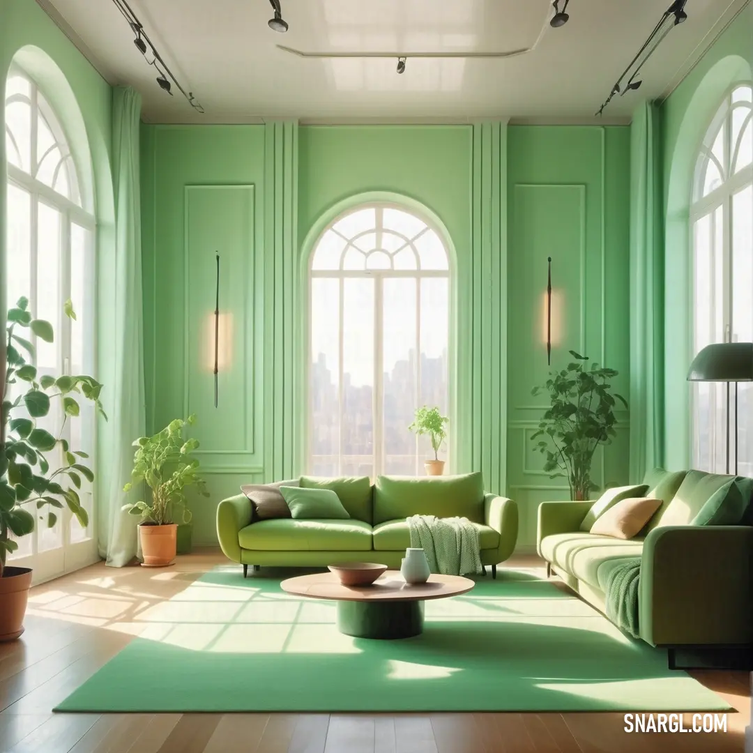 Living room with green walls and a green rug on the floor and a green couch and chair in the middle. Example of CMYK 30,0,45,17 color.
