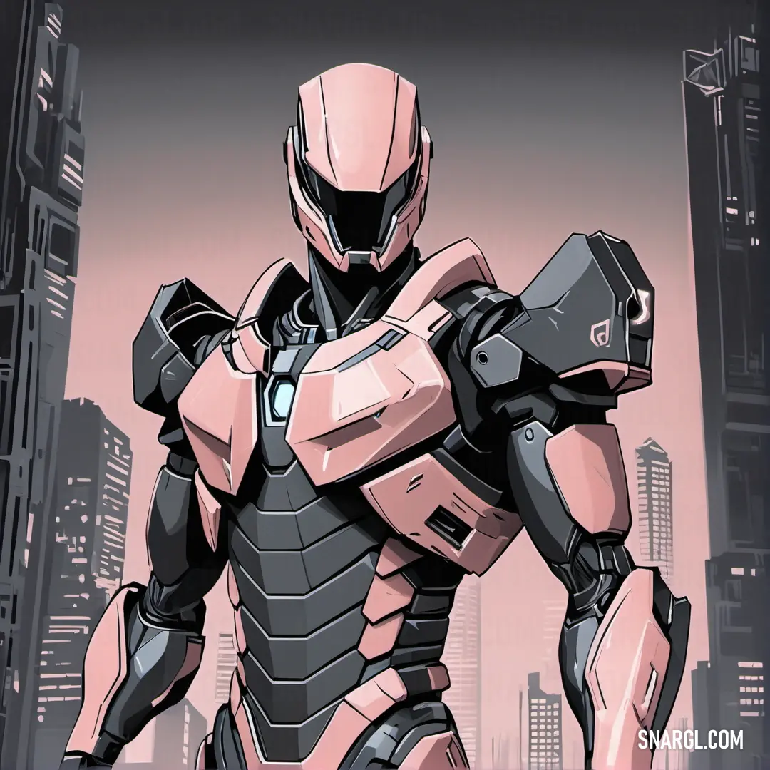 Robot standing in front of a city skyline with a pink background. Color CMYK 0,40,25,15.