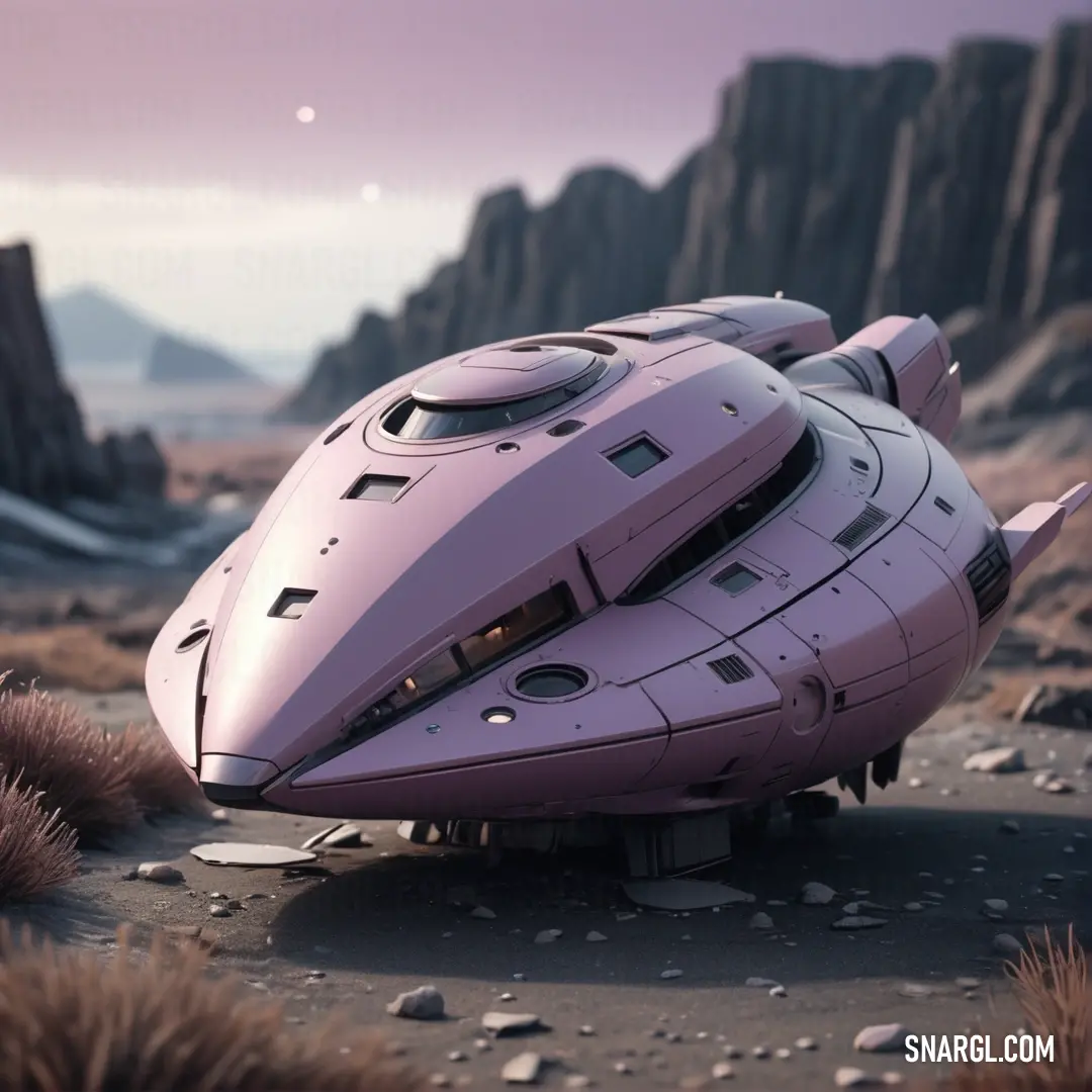 Futuristic vehicle is parked on a rocky area with a mountain in the background. Color RGB 197,152,166.