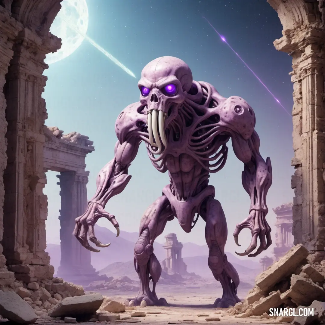 NCS S 2020-R20B color. Giant alien with a massive head and massive legs standing in a doorway with a moon in the background