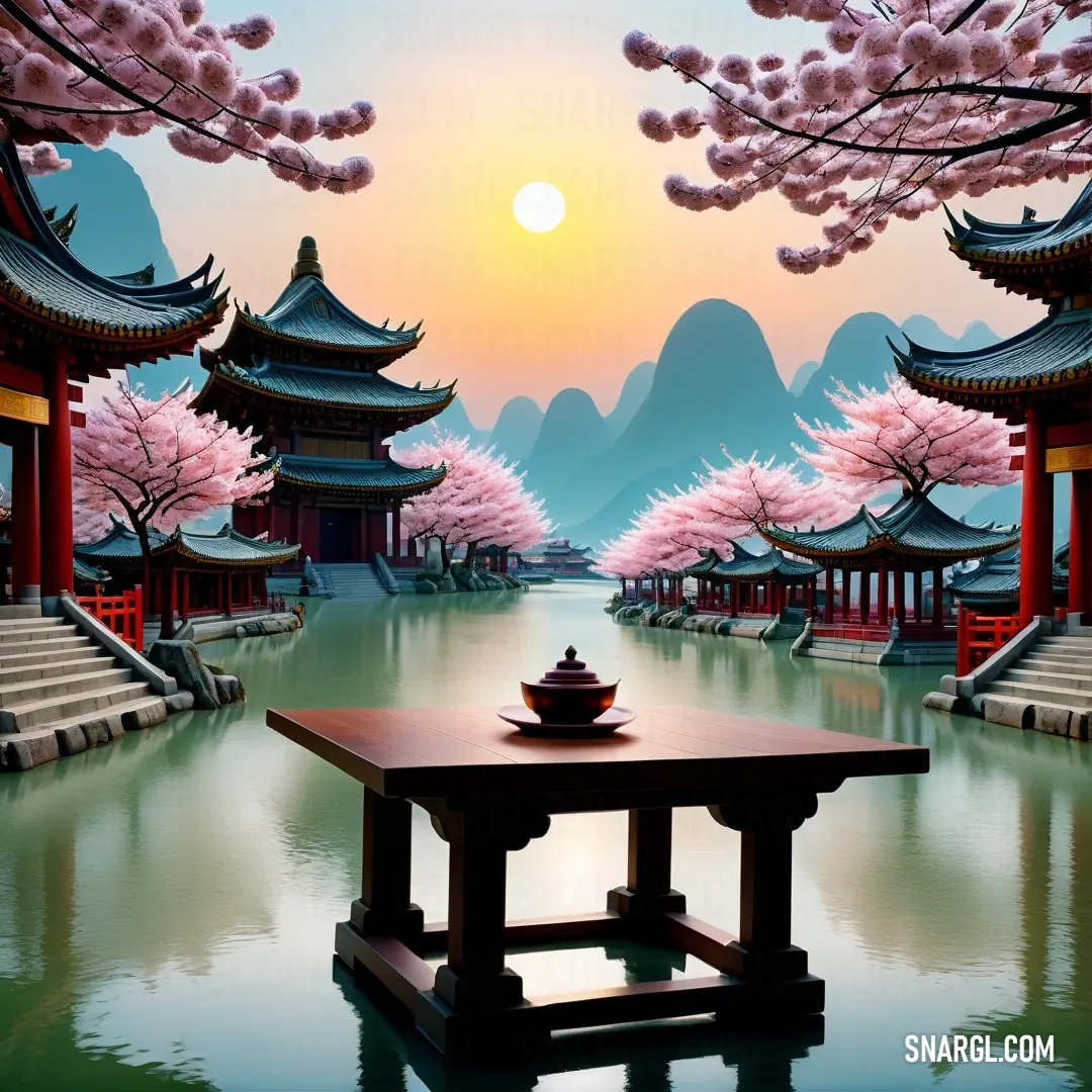 Painting of a beautiful scene with a teapot and cherry blossoms in the foreground and a mountain range in the background